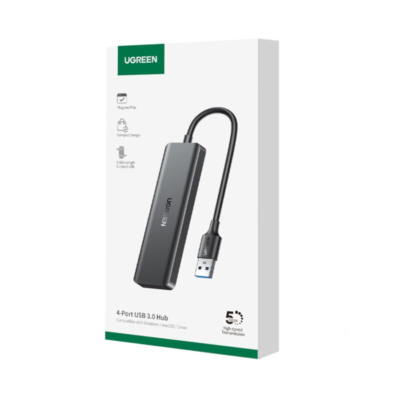 UGREEN 4-in-1 USB 3.0 Hub - High-Speed 5Gbps Data Transfer - Grey